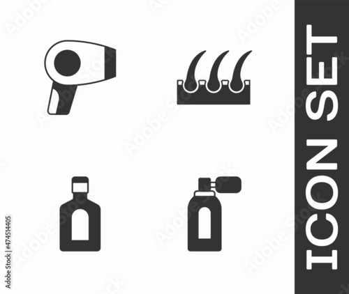 Set Aftershave with atomizer, Hair dryer, Bottle of shampoo and Human hair follicle icon. Vector