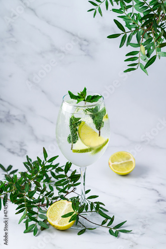 Alcohol cocktail Hugo with lime and mint
