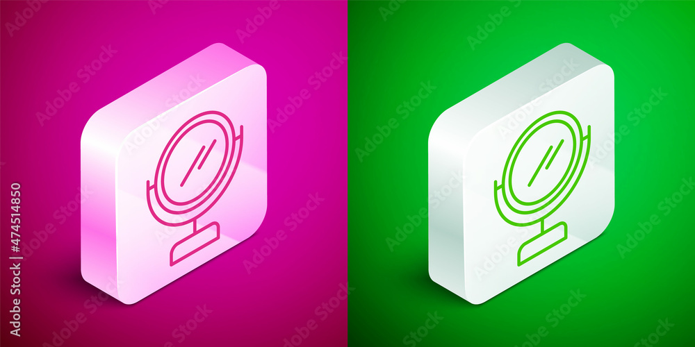 Isometric line Round makeup mirror icon isolated on pink and green background. Silver square button. Vector Isometric line Round makeup mirror icon isolated on pink and green background. Silver square button. Vector