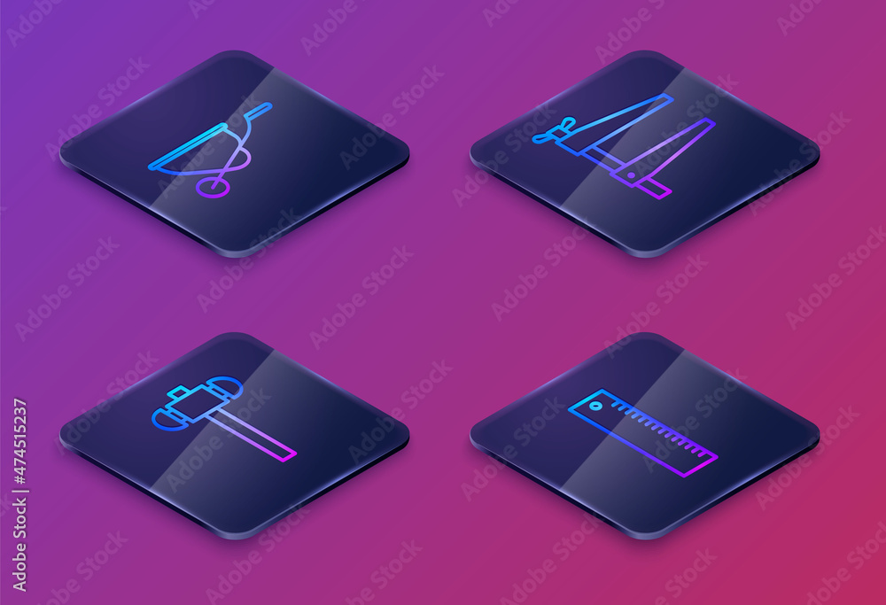 Set Isometric line Wheelbarrow, Sledgehammer, Clamp tool and Ruler. Blue square button. Vector Set Isometric line Wheelbarrow, Sledgehammer, Clamp tool and Ruler. Blue square button. Vector