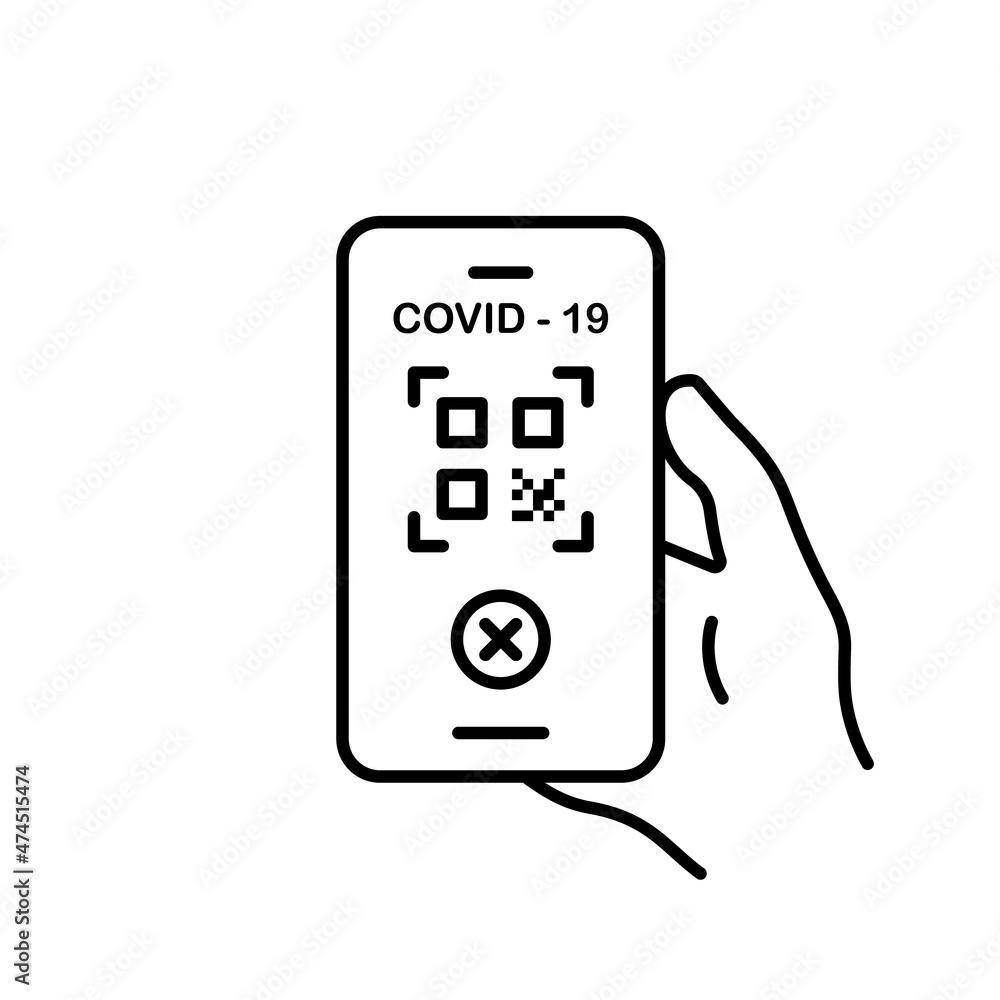 Health Passport with QR Code on Mobile Phone Line Icon. Not Valid Health Passport in Smartphone. Overdue Passport Certificate of Covid 19 Pandemic Outline Icon. Isolated Vector Illustration