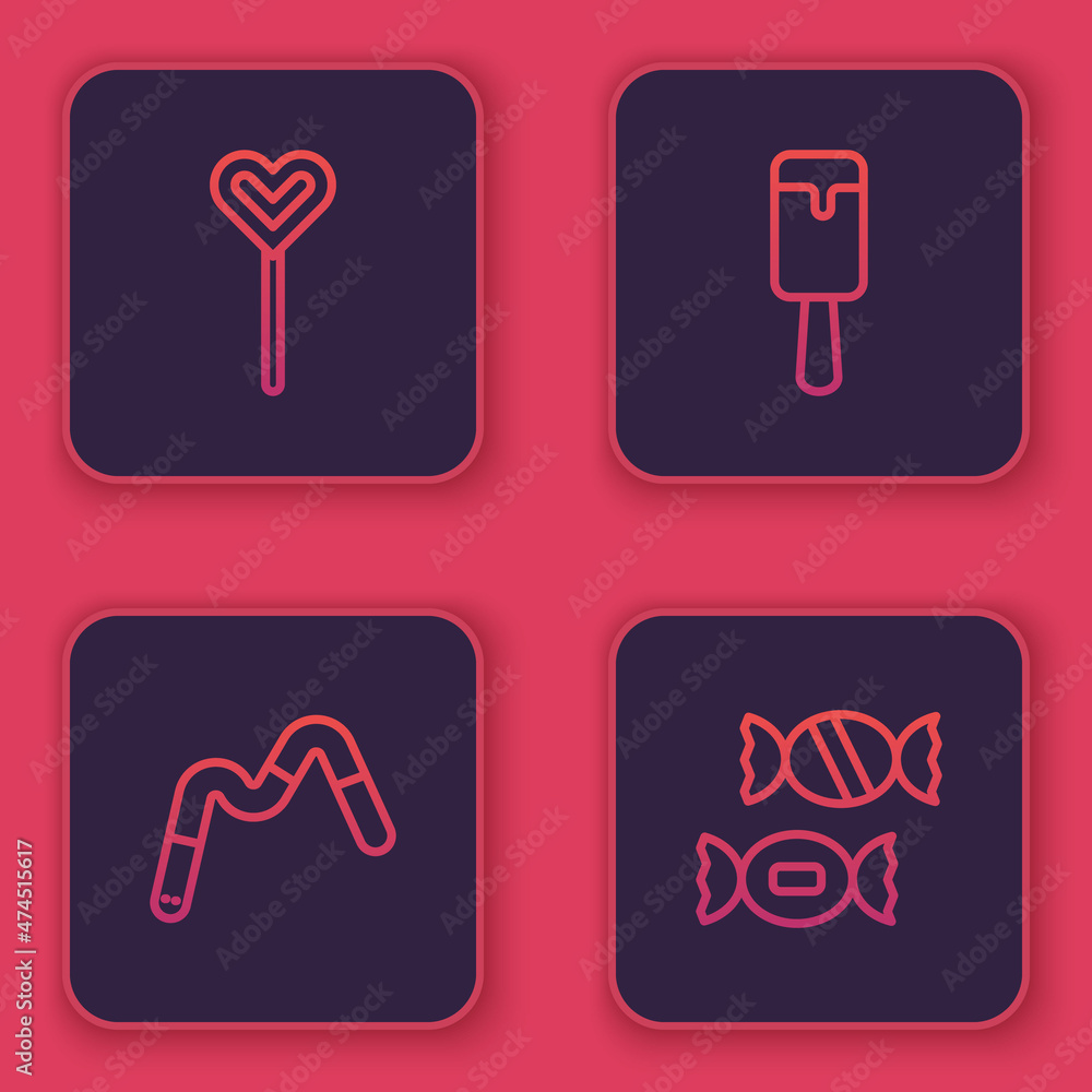 Set line Lollipop, Jelly worms candy, Ice cream and Candy. Blue square button. Vector Set line Lollipop, Jelly worms candy, Ice cream and Candy. Blue square button. Vector