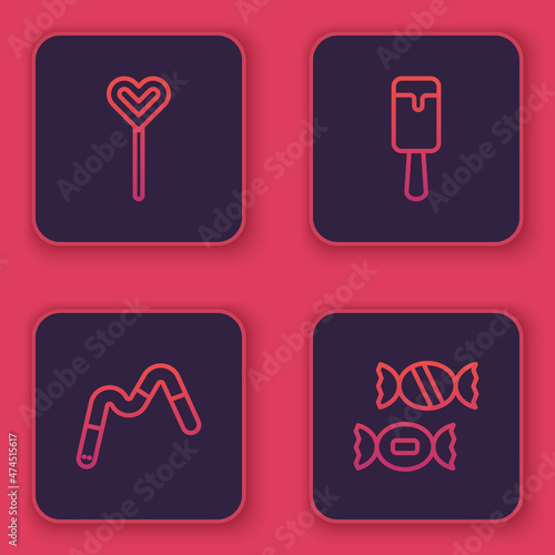 Set line Lollipop  Jelly worms candy  Ice cream and Candy. Blue square button. Vector