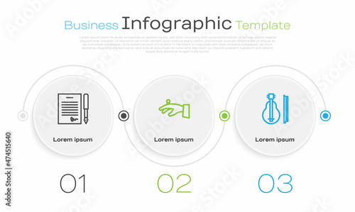 Set line Marriage contract, Wedding rings hand and Violin. Business infographic template. Vector