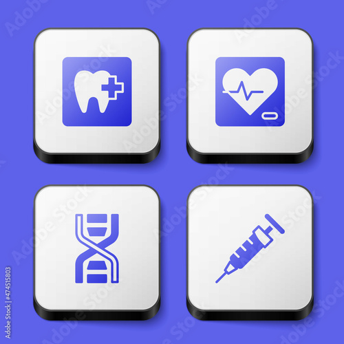 Set Dental clinic location, Heart rate, DNA symbol and Syringe icon. White square button. Vector