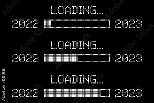 Set of Pixelated Progress Bar Showing Loading of 2023 year on Black Background. Pixel Loading Progress from 2022 to 2023 Year. Isolated Vector Illustration