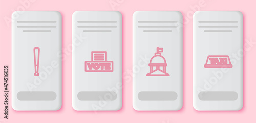 Set line Baseball bat, Vote box, White House and Taxi car roof. White rectangle button. Vector