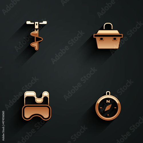 Set Hand ice drill, Case or box for fishing equipment, Diving mask and Compass icon with long shadow. Vector