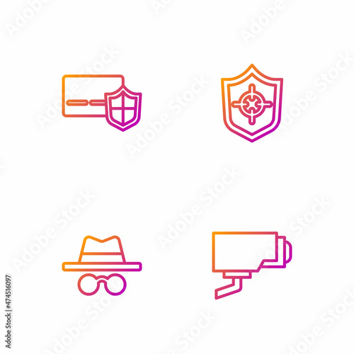 Set line Security camera, Incognito mode, Credit card with shield and Shield. Gradient color icons. Vector