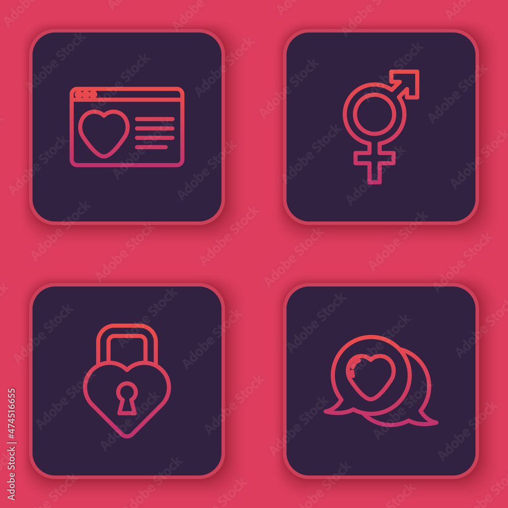 Set line Dating app online, Castle the shape of heart, Gender and Heart speech bubble. Blue square button. Vector Set line Dating app online, Castle the shape of heart, Gender and Heart speech bubble. Blue square button. Vector