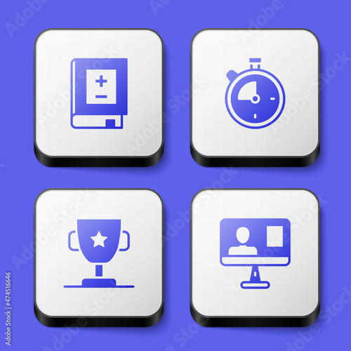 Set Book with mathematics, Stopwatch, Award cup and Online class icon. White square button. Vector