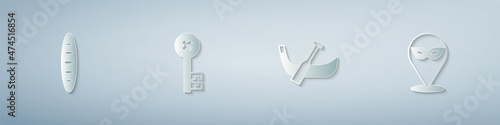 Set French baguette bread, Old key, Gondola boat and Carnival mask. Paper art style. Vector