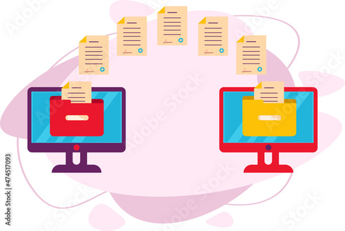The concept of data transmission. Transfers data from a computer monitor to another monitor. Sending documents online. Vector illustration in a flat style.
