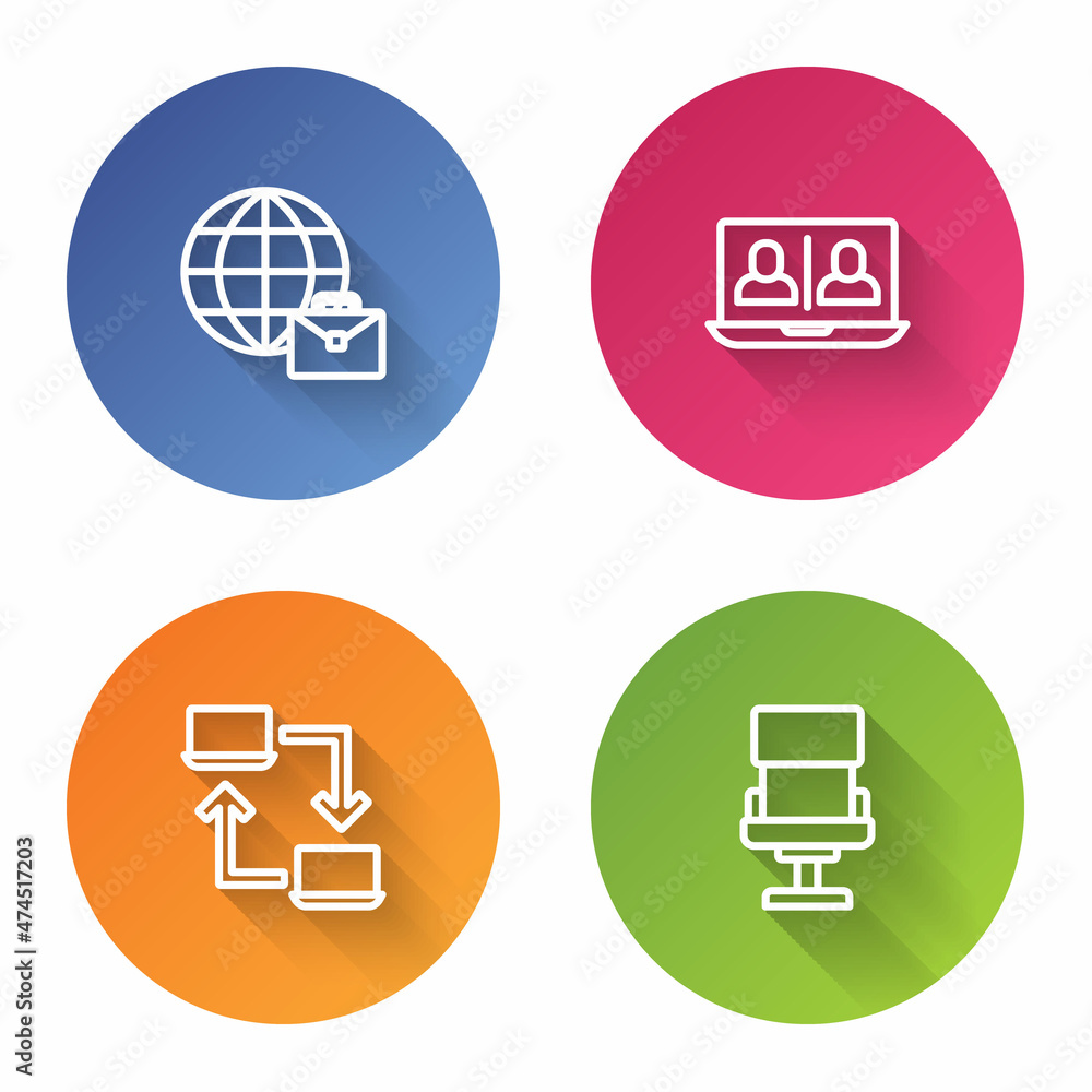 Set line Online working, Video chat conference, and Office chair. Color circle button. Vector Set line Online working, Video chat conference, and Office chair. Color circle button. Vector