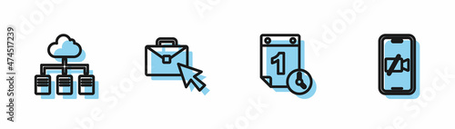 Set line Time management, Online working, and Video camera Off on mobile icon. Vector