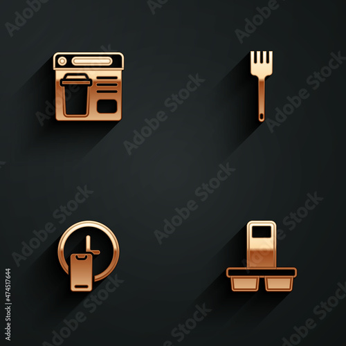 Set Online ordering food, Fork, Round the clock delivery and Coffee cup to go icon with long shadow. Vector