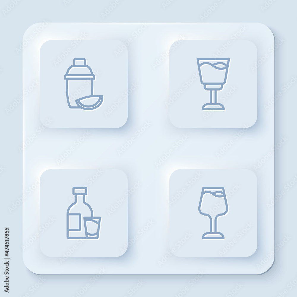 Set line Cocktail shaker with lime, Wine glass, Bottle of vodka and . White square button. Vector Set line Cocktail shaker with lime, Wine glass, Bottle of vodka and . White square button. Vector