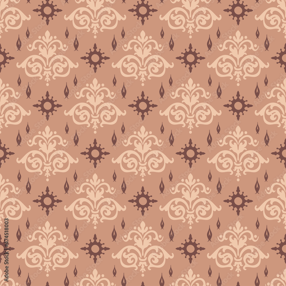 Background pattern with floral elements on brown background in vintage style. Fabric texture swatch, seamless wallpaper. Vector illustration