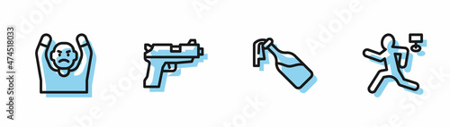 Set line Cocktail molotov, Thief surrendering hands up, Pistol or gun and Murder icon. Vector