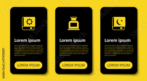 Set Holy book of Koran, Inkwell and User manual. Business infographic template. Vector