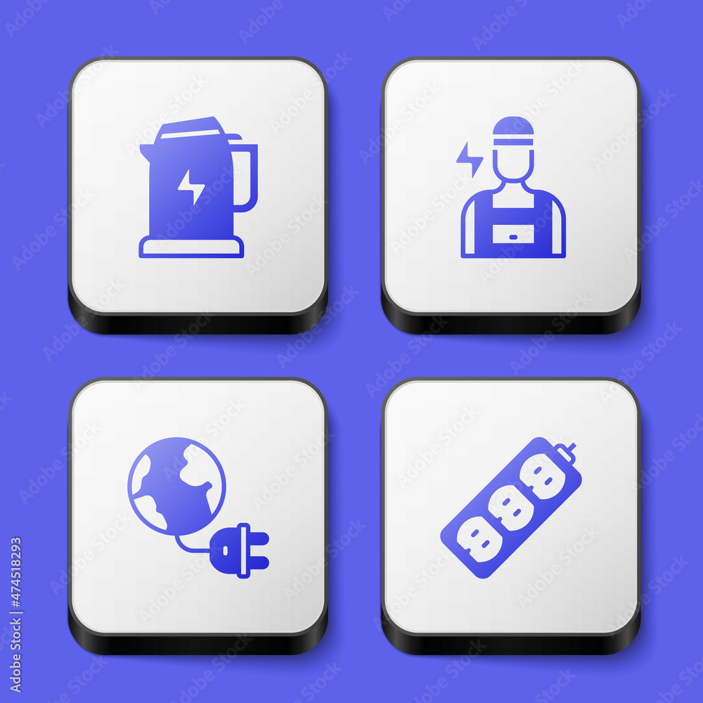 Set Electric kettle, Electrician, Global energy planet with plug and extension icon. White square button. Vector Set Electric kettle, Electrician, Global energy planet with plug and extension icon. White square button. Vector