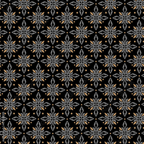 Abstract background pattern with decorative elements on black background. Seamless fabric texture, wallpaper. Flat design. Vector illustration