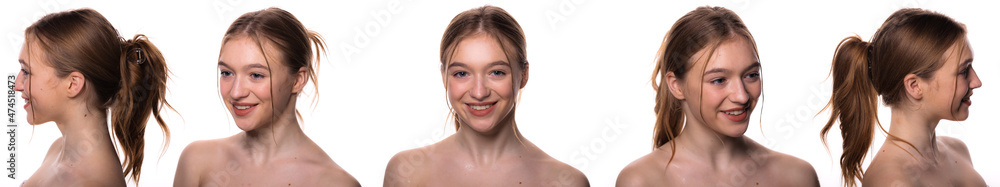 Set of portraits collage. Close-up portrait of blonde young beautiful slim woman with hair tied in knot standing on white background. Different angle view of a face. Set of portraits collage. Close-up portrait of blonde young beautiful slim woman with hair tied in knot standing on white background. Different angle view of a face.