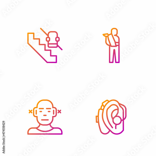 Set line Hearing aid, Deaf, Disabled elevator and Human broken arm. Gradient color icons. Vector