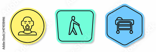 Set line Head of deaf and dumb, Blind human holding stick and Stretcher. Colored shapes. Vector