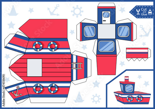 Cut and glue kids paper craft worksheet. 3d active children game create model boat. Vector printable template education actives page with gaming puzzle. 