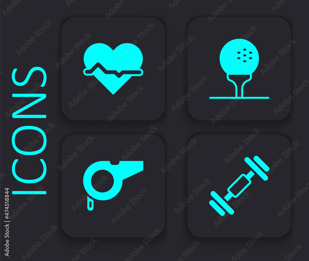 Set Dumbbell, Heart rate, Golf ball on tee and Whistle icon. Black square button. Vector Set Dumbbell, Heart rate, Golf ball on tee and Whistle icon. Black square button. Vector