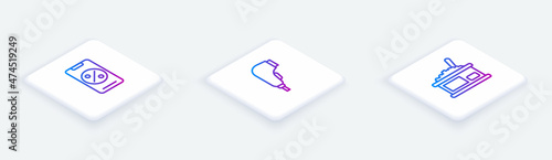 Set Isometric line Percent discount and mobile, Scanner scanning bar code and Tin with caviar. White square button. Vector