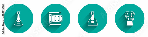 Set Balalaika, Xylophone, and Guitar neck icon with long shadow. Vector
