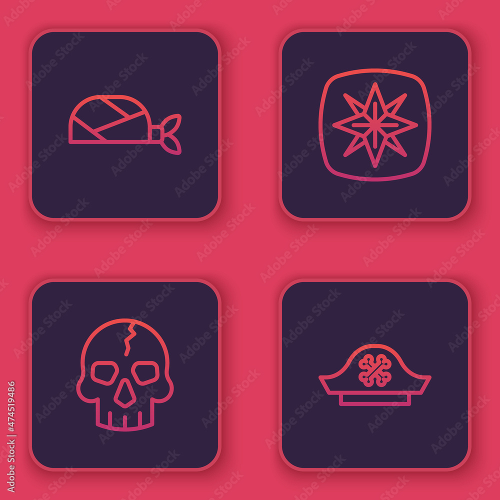 Set line Pirate bandana for head, Skull, Wind rose and hat. Blue square button. Vector