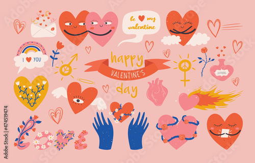 Set of abstract psychedelic doodles for valentine day. Heart, hands, love, rainbow, potion, speech bubble in funky hand drawn style. Boho vector elements for design and print