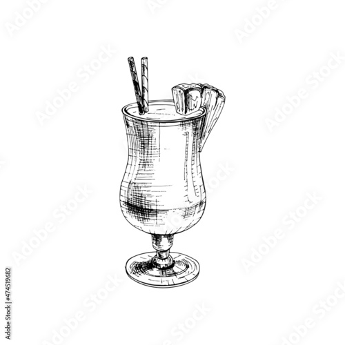 Pina colada cocktail with slice pineapple and straw. Vintage hatching