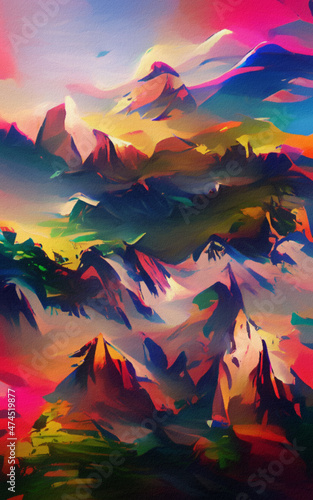 Bright colorful magic Landscape drawing. Modern impressionism painting contemporary art. Beautiful scenery nature. Surreal abstraction in oil and pastel mixed. Wall art print, poster, canvas artwork