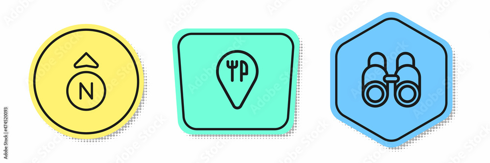 Set line Compass, Cafe and restaurant location and Binoculars. Colored shapes. Vector Set line Compass, Cafe and restaurant location and Binoculars. Colored shapes. Vector