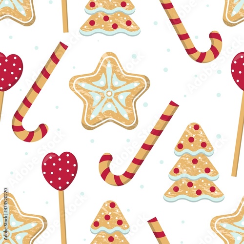 Christmas seamless pattern with sweets and gingerbread cookies. Background with traditional New Year sweets. Template for packaging, gifts, fabric, wallpaper and decor, vector