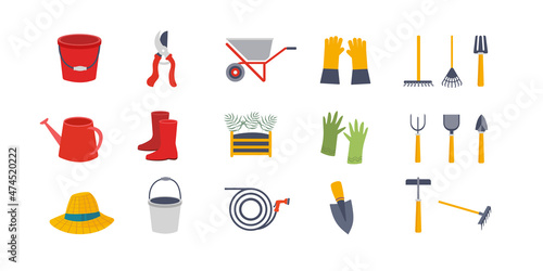 Gardening equipment rake or shovel and lawnmower of gardener farm collection Farming set illustration isolated on white background. Garden tool vector