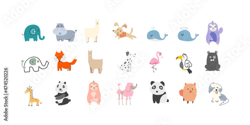 Fototapeta Naklejka Na Ścianę i Meble -  Collection of Cute Animals hand drawn style. Lovely wild animal dog, elephant, giraffe, panda and colorful kawaii wildlife elements