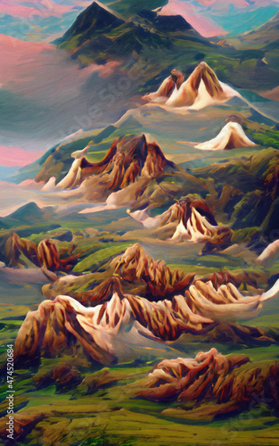 Bright colorful magic Landscape drawing. Modern impressionism painting contemporary art. Beautiful scenery nature. Surreal abstraction in oil and pastel mixed. Wall art print, poster, canvas artwork