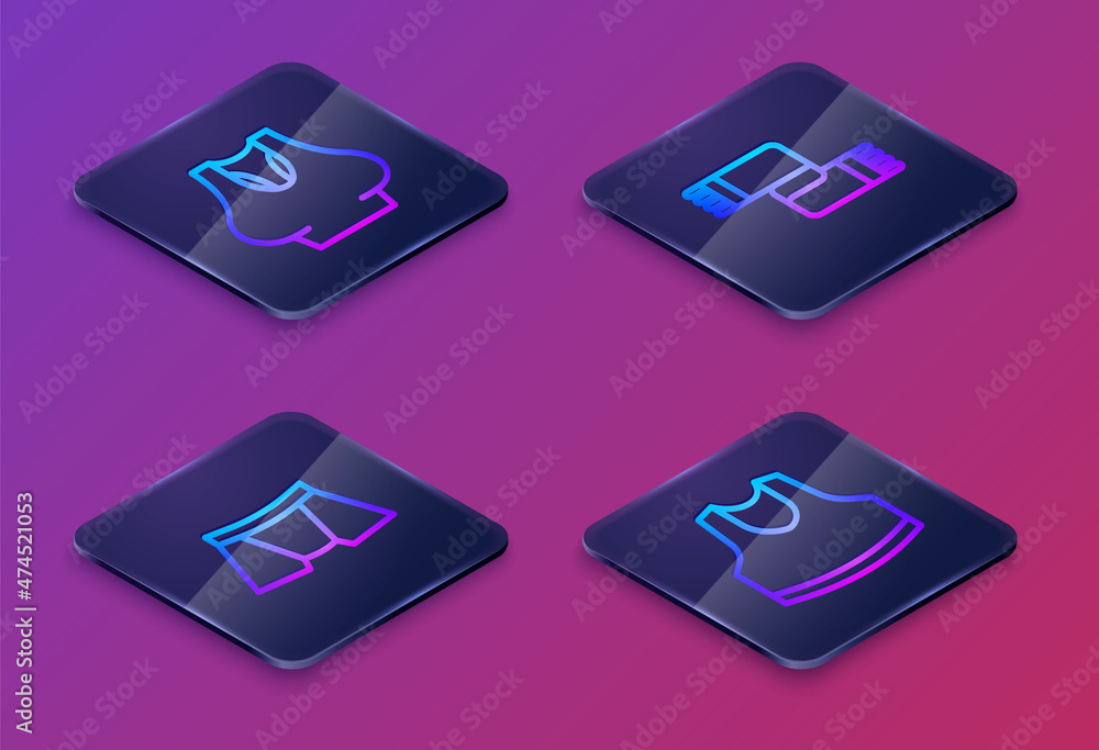 Set Isometric line Undershirt, Men underpants, Winter scarf and . Blue square button. Vector Set Isometric line Undershirt, Men underpants, Winter scarf and . Blue square button. Vector