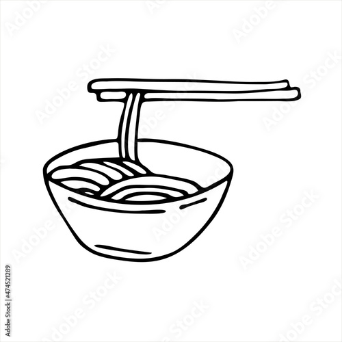 Noodles Wok in the style of doodles. Vector black and white hand-drawn illustration. Food object isolated on a white background.
