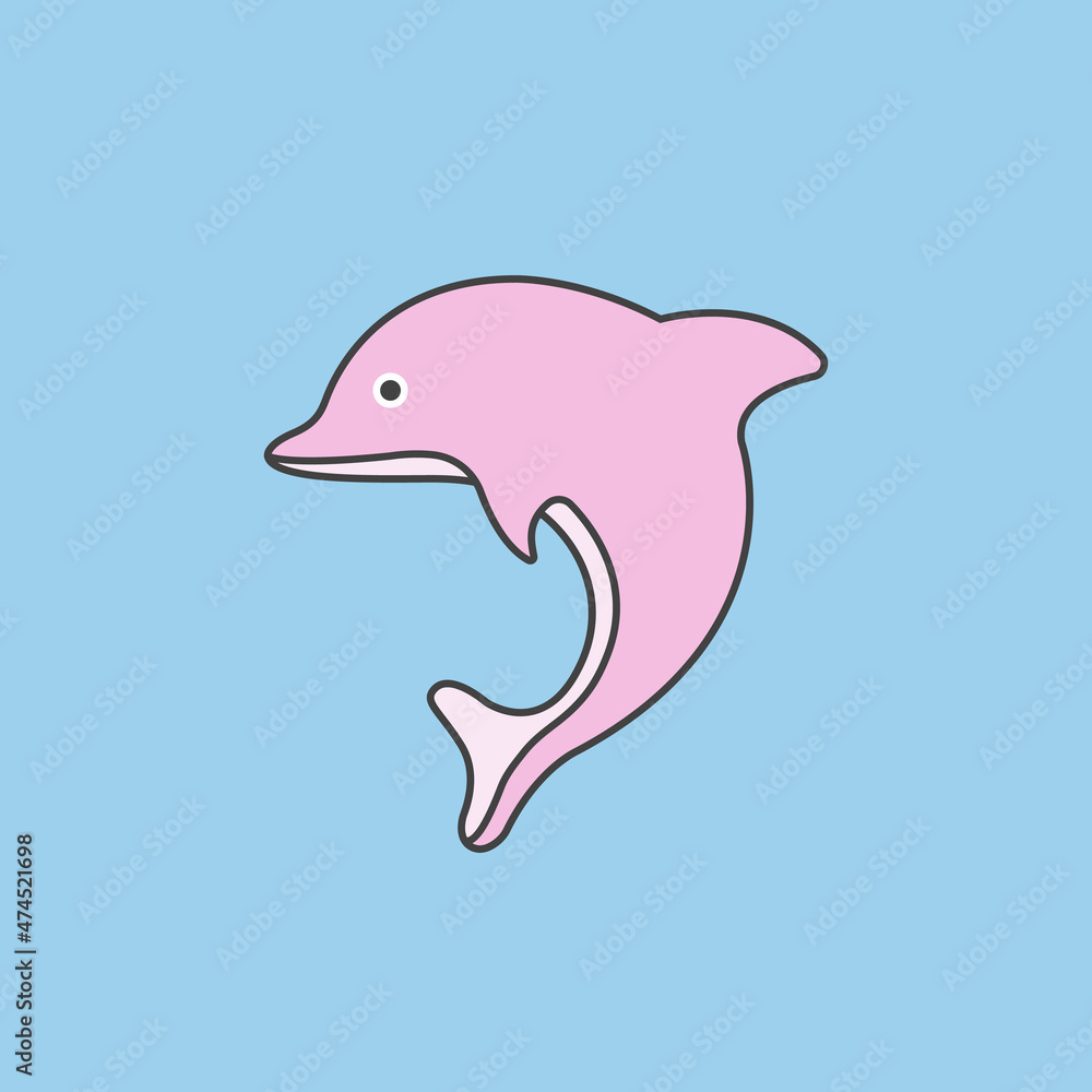 Fototapeta premium Pink dolphin cute vector isolated on blue background. 