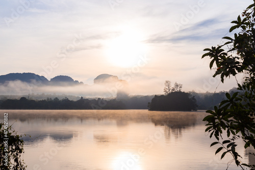 Ban Nong Thale the natural scenery of the sunshine in the morning (mountains, lakes, trees, fog) Thailand.