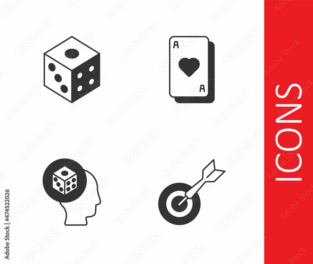 Set Classic dart board and arrow, Game dice, and Playing cards icon. Vector Set Classic dart board and arrow, Game dice, and Playing cards icon. Vector