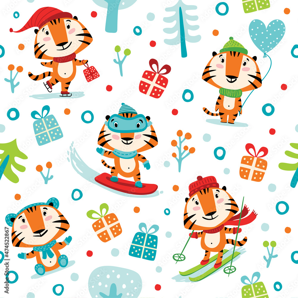 Fototapeta premium Christmas pattern with year 2022 symbol. Cheerful tigers.