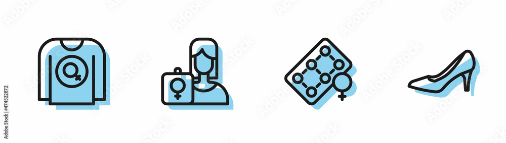 Set line Packaging of birth control pills, Feminist shirt, activist and Woman shoe icon. Vector