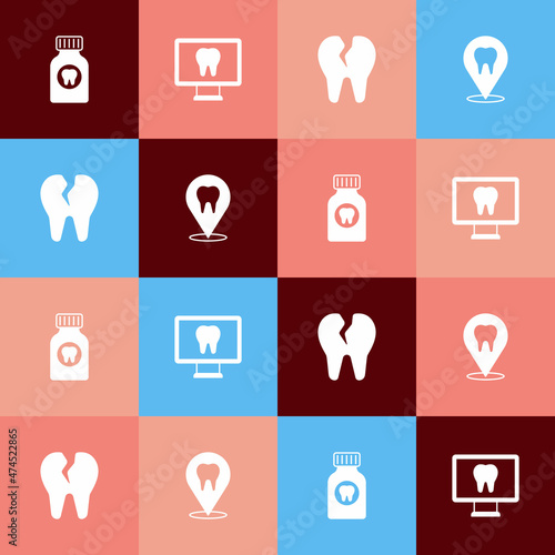 Set pop art Toothache painkiller tablet, Online dental care, Broken tooth and Dental clinic location icon. Vector